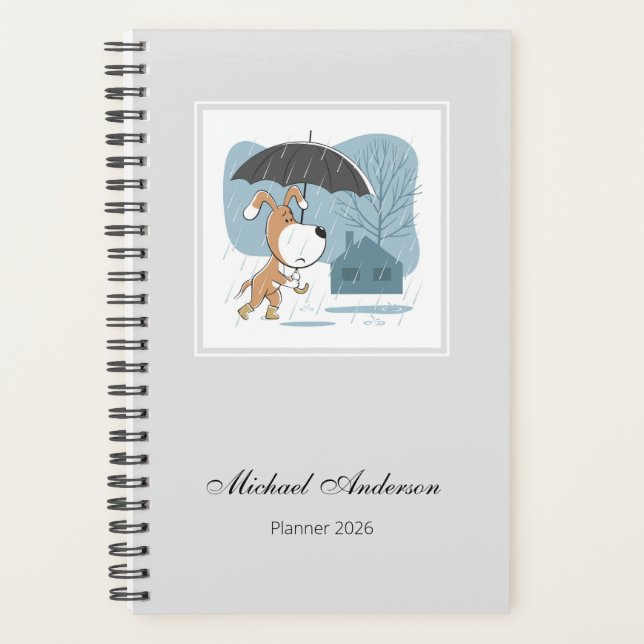 Agenda Cartoon Cute Funny Dog Puppy Rain Umbrella 2026 (Anverso)