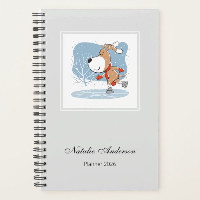 Agenda Cartoon Cute Ice Skating Dog Puppy Planner 2026  (Anverso)