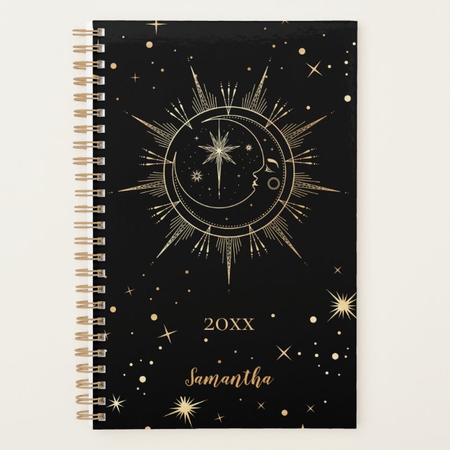 Agenda Celestial Black and Faux Gold Moon Sun Name Year (Anverso)