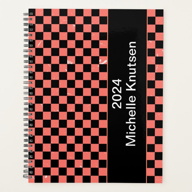 Agenda Checkerboard rosa y negro personalizado 2024 (Anverso)