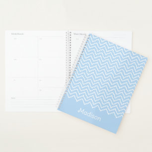 Agenda Chevron Zigzag Ondulado Azul Y Blanco Con Nombre