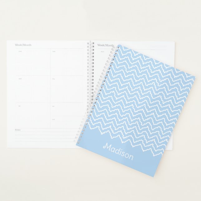 Agenda Chevron Zigzag Ondulado Azul Y Blanco Con Nombre (Demostración)