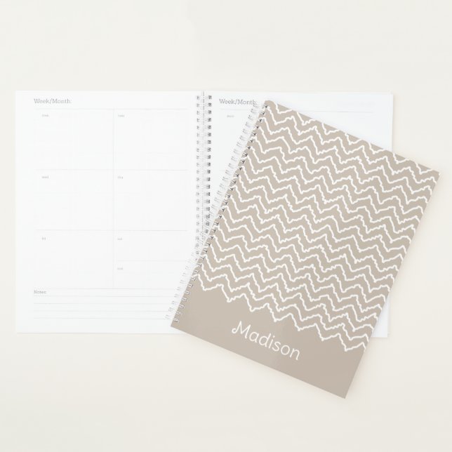 Agenda Chevron Zigzag Ondulado Beige y Blanco con Nombre (Demostración)