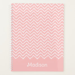 Agenda Chevrón Zigzag Ondulado Rosa y Blanco Con Nombre