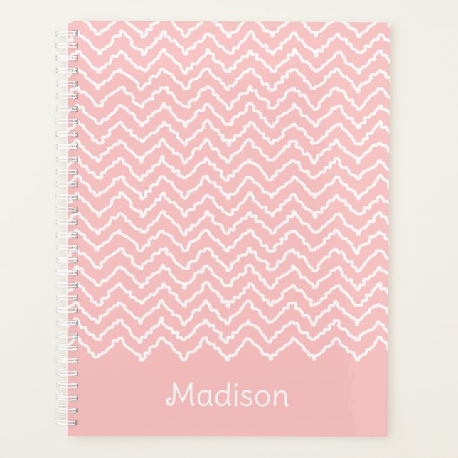 Agenda Chevrón Zigzag Ondulado Rosa y Blanco Con Nombre (Anverso)