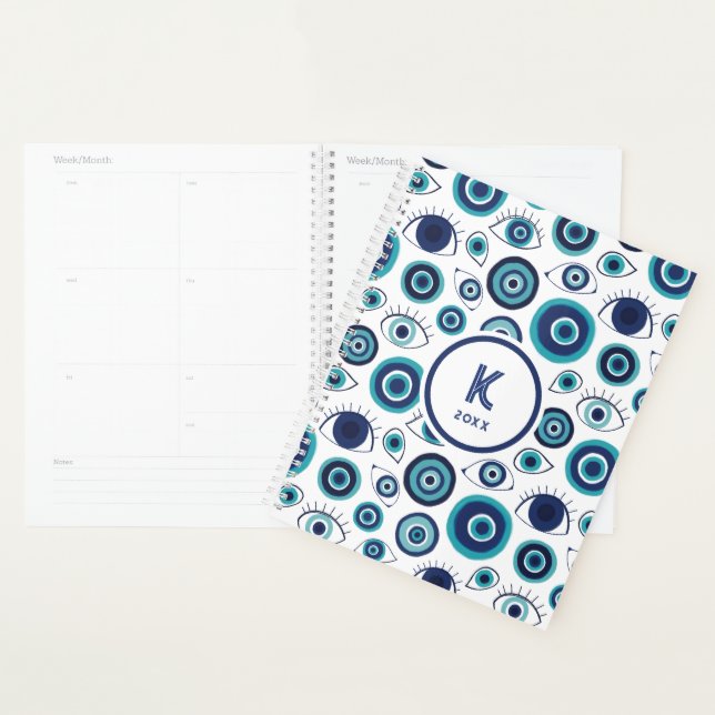 Agenda Chic Blue White Greek Evil Eye Monogram (Demostración)
