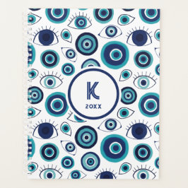 Agenda Chic Blue White Greek Evil Eye Monogram