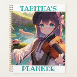 Agenda Chica anime tocando el violín y un Axolotl