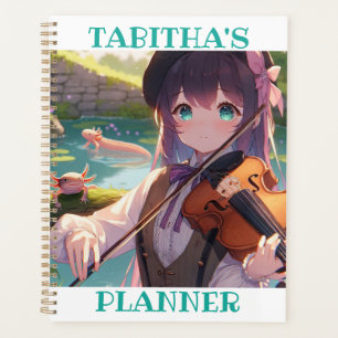 Agenda Chica anime tocando el violín y un Axolotl