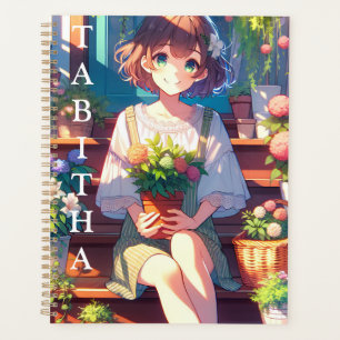 Agenda Chica de anime lindo sostiene una planta personali