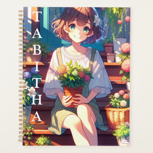 Agenda Chica de anime lindo sostiene una planta personali (Anverso)
