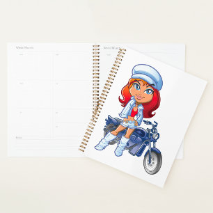 Agenda Chica de motociclismo elegante con pelo rojo y mot