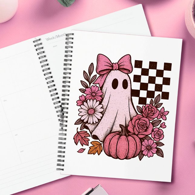 Agenda Chica fantasma de coqueta rosa retro con Bow Hallo (This coquette ghost retro Halloween design combines floral sweetness with spooky spirit.)