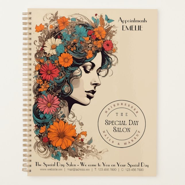 Agenda Chica Retro con Flores en el pelo - Negocio (Anverso)