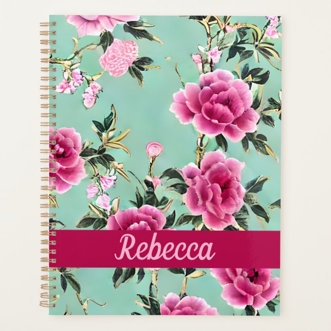 Agenda Chinoiserie floral rosa y verde personalizada (Anverso)
