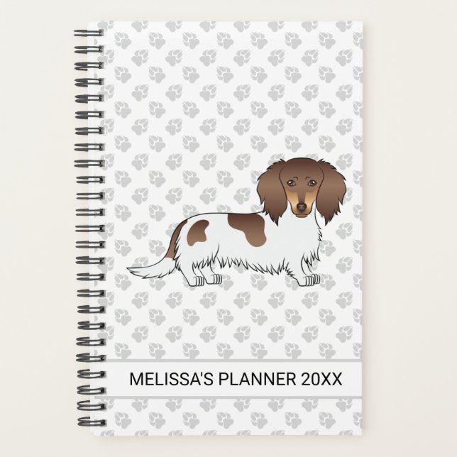 Agenda Chocolate y Tan Piebald Long Hair Dachshund y text (Anverso)