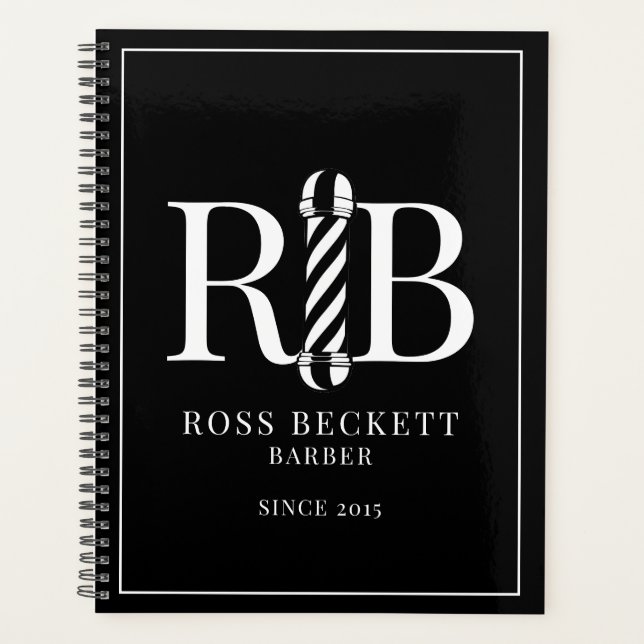 Agenda Cita de color blanco negro de barbería (Anverso)