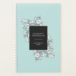 Agenda Cita turquesa con flores blancas dibujadas a mano