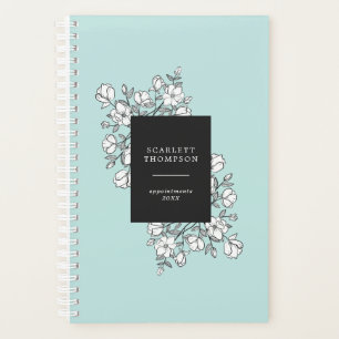 Agenda Cita turquesa con flores blancas dibujadas a mano