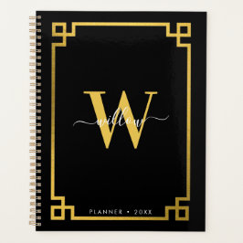 Agenda Clave griega negra y dorada monogramada