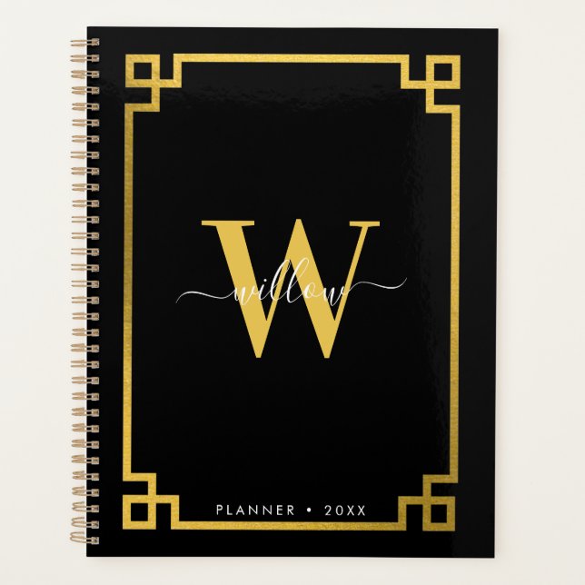 Agenda Clave griega negra y dorada monogramada (Anverso)