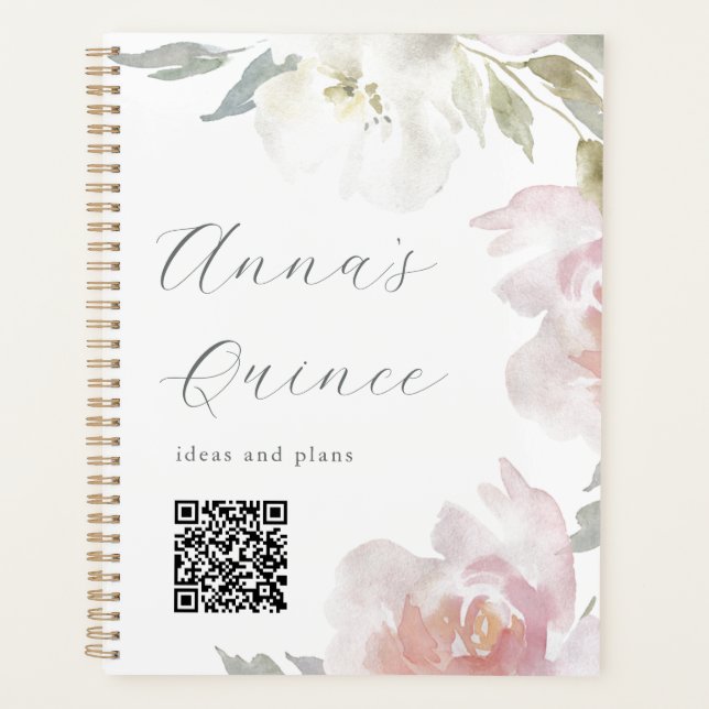 Agenda Código QR floral rosa Quinceanera personalizado (Anverso)