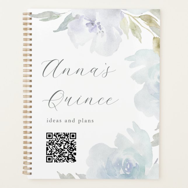 Agenda Código QR Quinceanera floral azul personalizado (Anverso)