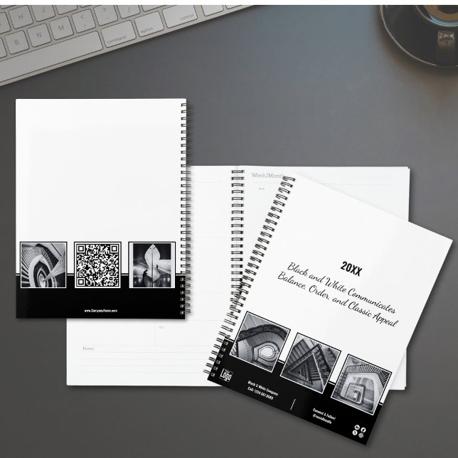Agenda Collage Black & White Small Business Planner (Collage Black & White Small Business Planner, Logo, QR code, Tagline)