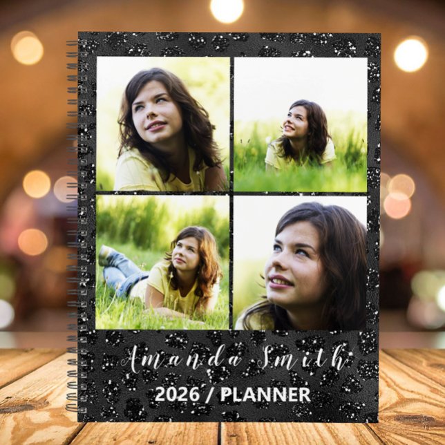 Agenda Collage de 5 fotos negro brillante personalizado (Personalized Glossy Black 5 Photo Collage Planner)