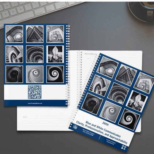 Agenda Collage de fotos Blue White Small Business Planner (Photo Collage Blue White Small Business Planner)
