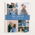 Agenda Collage de fotos de la familia blanca azul<br><div class="desc">Elegante planificador que puedes personalizar con seis de tus propias fotos en un collage de fotos minimalista. Personalice más con su nombre o apellido en letras de caligrafía blanca. La parte posterior presenta un patrón de franjas azules y blancas.</div>