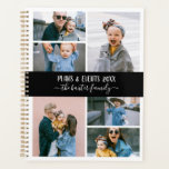 Agenda Collage de fotos de la familia blanca negra<br><div class="desc">Elegante planificador que puedes personalizar con seis de tus propias fotos en un collage de fotos minimalista. Personalice más con su nombre o apellido en letras de caligrafía blanca. La parte posterior presenta un patrón de rayas blancas y negras de moda.</div>