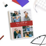 Agenda Collage de fotos de la familia roja blanca<br><div class="desc">Elegante planificador que puedes personalizar con seis de tus propias fotos en un collage de fotos minimalista. Personalice más con su nombre o apellido en letras de caligrafía blanca. La parte posterior presenta un patrón de rayas rojas y blancas preñadas.</div>