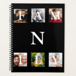 Agenda Collage de monograma fotográfico familiar personal<br><div class="desc">Personalizado con un planificador personal monograma con 6 espacios de collage de fotos y tipografía de nombres. Todo negro. Añade tus fotos favoritas en este elegante planificador.</div>
