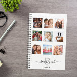 Agenda Collage fotográfico personalizado monograma blanco<br><div class="desc">Haz tu propio collage de fotos de familia como regalo o para ti mismo. ¡Usa cuatro, nueve de tus fotos favoritas de tu familia, amigos, destino de viaje de ensueño o mascota! Personalice y añada un nombre, su letra de monograma y un año. El nombre está escrito con un guión...</div>