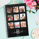 Agenda Collage fotográfico personalizado monograma negro<br><div class="desc">Haz tu propio collage de fotos de familia como regalo o para ti mismo. ¡Usa cuatro, nueve de tus fotos favoritas de tu familia, amigos, destino de viaje de ensueño o mascota! Personalice y agregue un nombre y su letra de monograma. El nombre está escrito con un guión moderno de...</div>