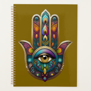 Agenda Colores de Pavo Real Hamsa con Tercer Ojo Dorado