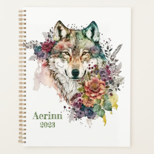 Agenda Colorido lobo y florals acuarela en la naturaleza