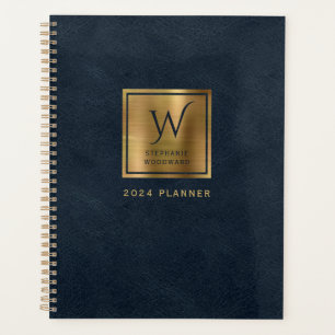 Agenda Copia de Cuero Azul Marino Monograma Dorado 2024