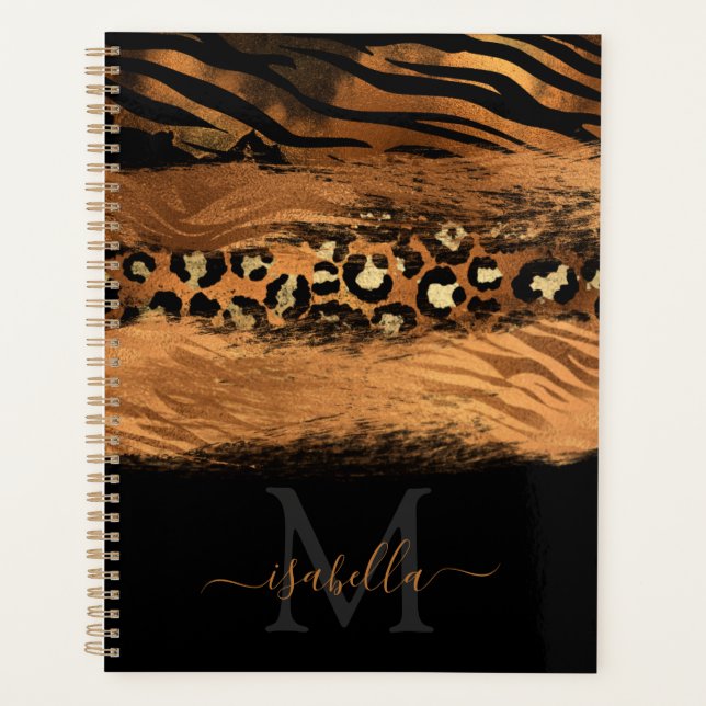Agenda Copper de guión dorado negro monogramado (Anverso)