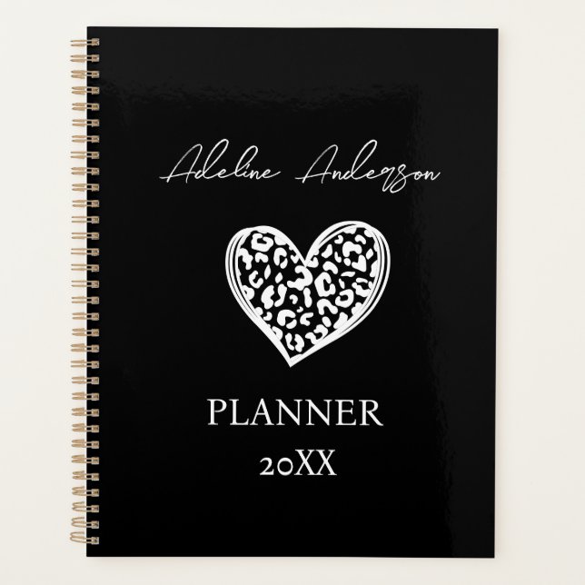Agenda Corazón de patrón de leopardo blanco y negro (Anverso)