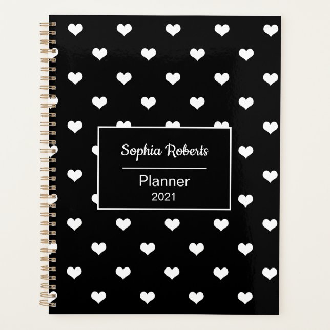 Agenda Corazones modernos patrón negro personalizado (Anverso)