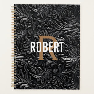 Agenda Couro monograma nome em preto vintage dourado