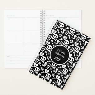 Agenda Cráneo Lindo Patrón de Negro y Blanco Nombre Perso