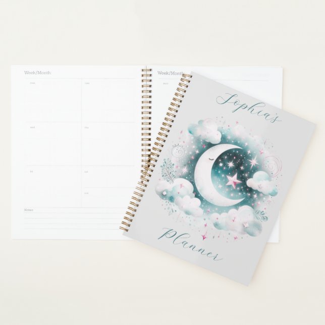 Agenda Creciente Luna Celeste Boho Moderno Azul y Blanco (Demostración)