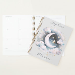 Agenda Creciente Lunar Azul y Blanco Boho Moderno