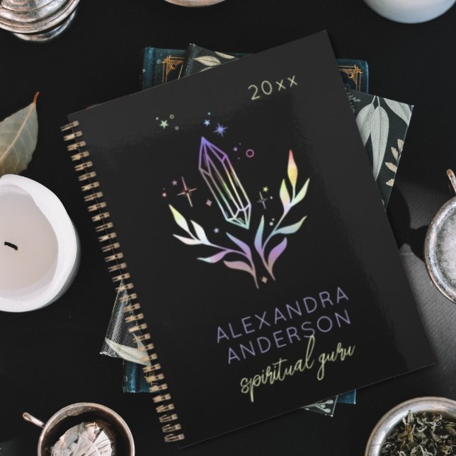 Agenda Cristales espirituales holográficos místicos negro (Black Mystical Holographic Spiritual Crystals Planner)