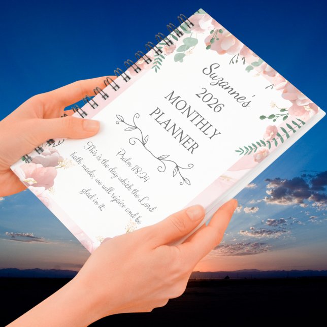 Agenda Cristiano Salmo Floral Rosa Personalizado 2026 (Personalized 2026 Pink Floral Psalm Christian Planner)