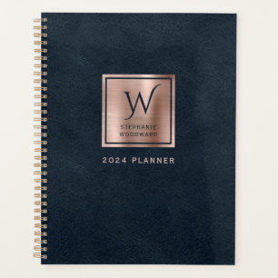 Agenda Cuero Falso Azul Marino Rosa Dorado Monograma 2024