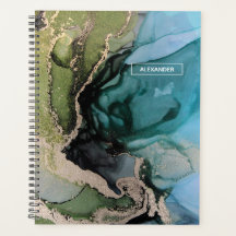 Custom Name Black Teal Green Gold Abstract Planner